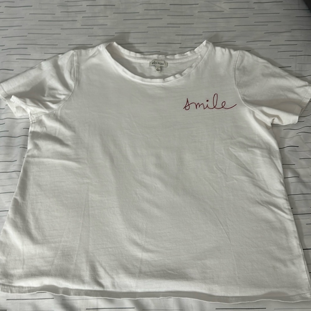 Ella Moss Smile Embroidered Shirt Womens Large, White Short Sleeve Tee